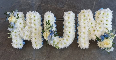 Based Mum - Ribbon edging - Based mum funeral letters tribute in blue and white or colours of your choice.