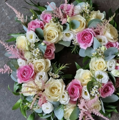 Pink & Cream Wreath - Beautiful wreath in pinks and creams to include roses. Can be made in colours of your choice