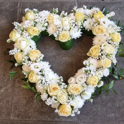 Neutral loose heart - Open heart tribute ,loose flowers. Can be made in colours of your choice.