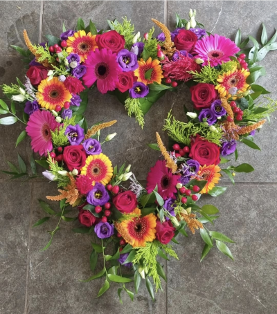 Vibrant heart - Open heart tribute ,loose flowers. Can be made in colours of your choice.